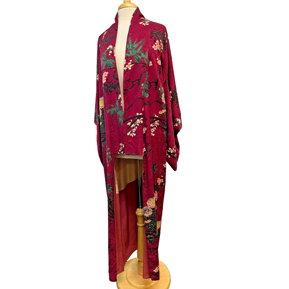 Vintage Japanese Kimono Deep Red Silk Jacquard Chrysanthemum & Cherry‎ Blooms